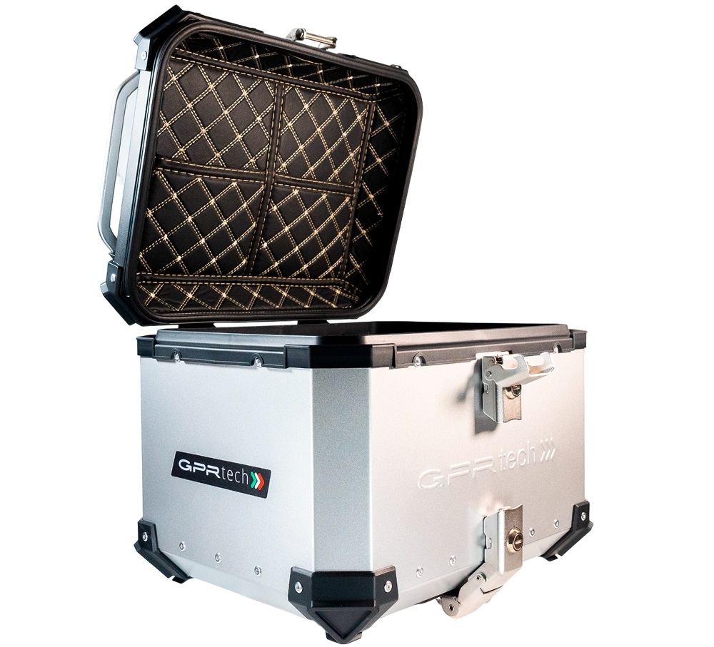 GPR TECH BAUL ALPI-TECH 45 LT. PLATA Baúl superior Top Case de aluminio, respaldo blando incluido, color plata con placa universal incluida Capacidad Litros 45