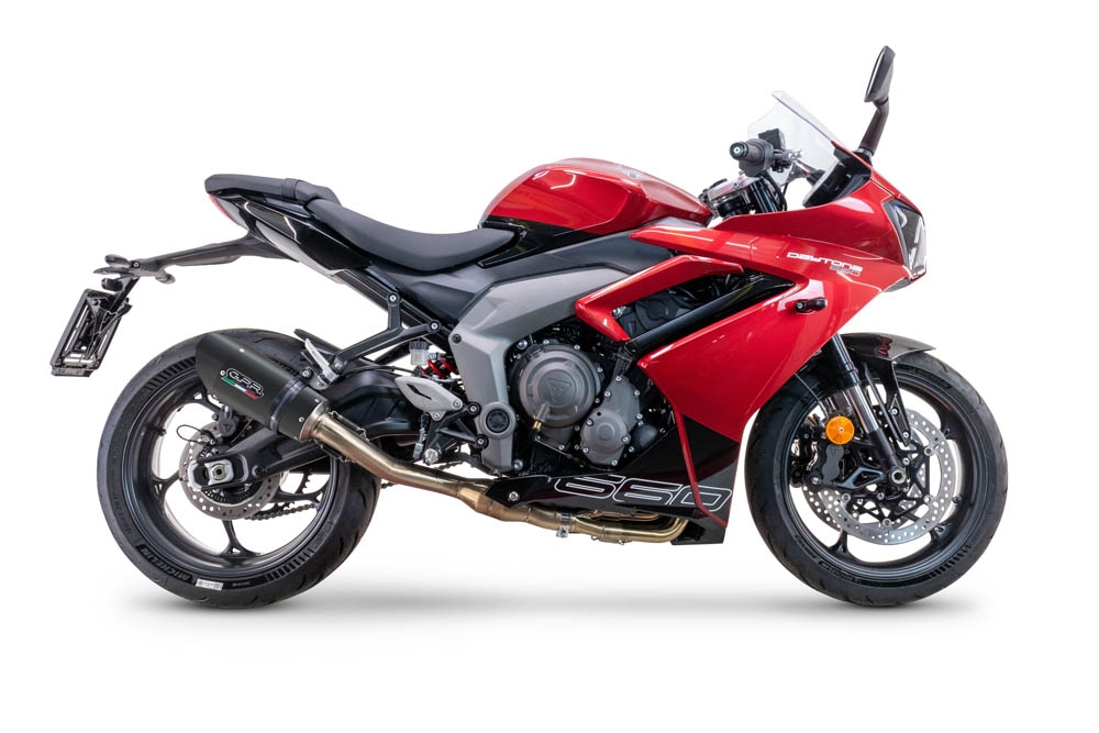Escape compatible con Triumph Daytona 660 2023-2025, Gpe Ann. Black titanium, Escape completo homologado y legal, incluido db killer extraíble 