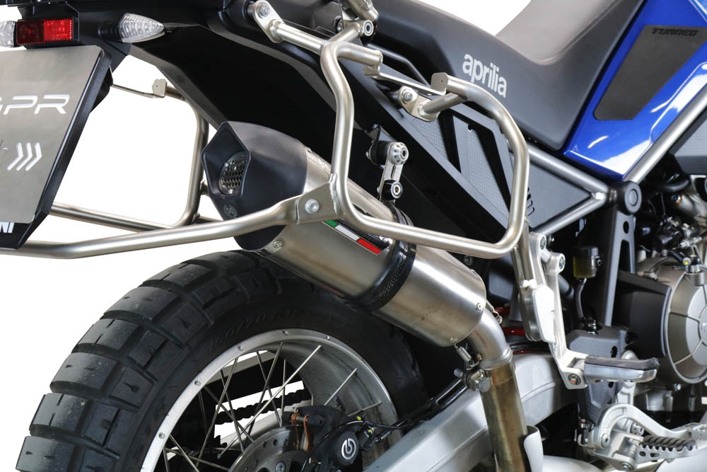 Escape compatible con Aprilia Tuareg 660 2021-2024, GP Evo4 Titanium, Escape legal, homologado, silenciador con db killer desmontable y tubo de conexión específico 