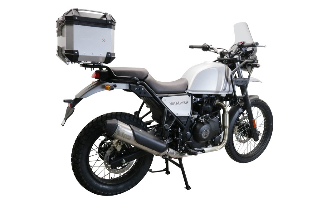 Baúl GPR TECH compatible con  Royal Enfield Himalayan 410 2017/2023 Baúl Alpi-Tech en aluminio color plata con placa específica incluida Capacidad Litros 26