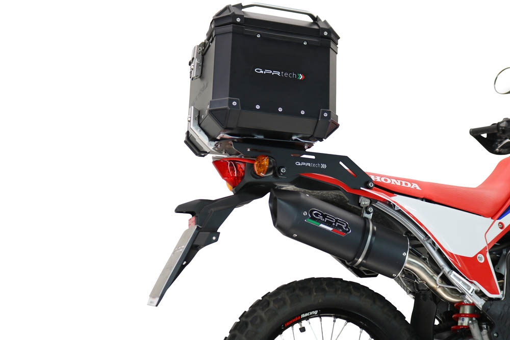 Baúl GPR TECH compatible con  Honda Crf 300 L / Rally 2021/2024 e5 Baúl Alpi-Tech en aluminio color plata, incluye portaequipajes específico de aluminio y placa especifica de acero. Capacidad Litros 26