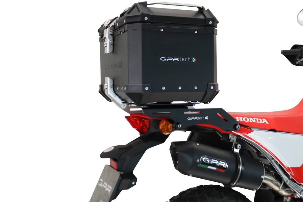 Baúl GPR TECH compatible con  Honda Crf 300 L / Rally 2021/2024 e5 Baúl Alpi-Tech en aluminio color plata, incluye portaequipajes específico de aluminio y placa especifica de acero. Capacidad Litros 26