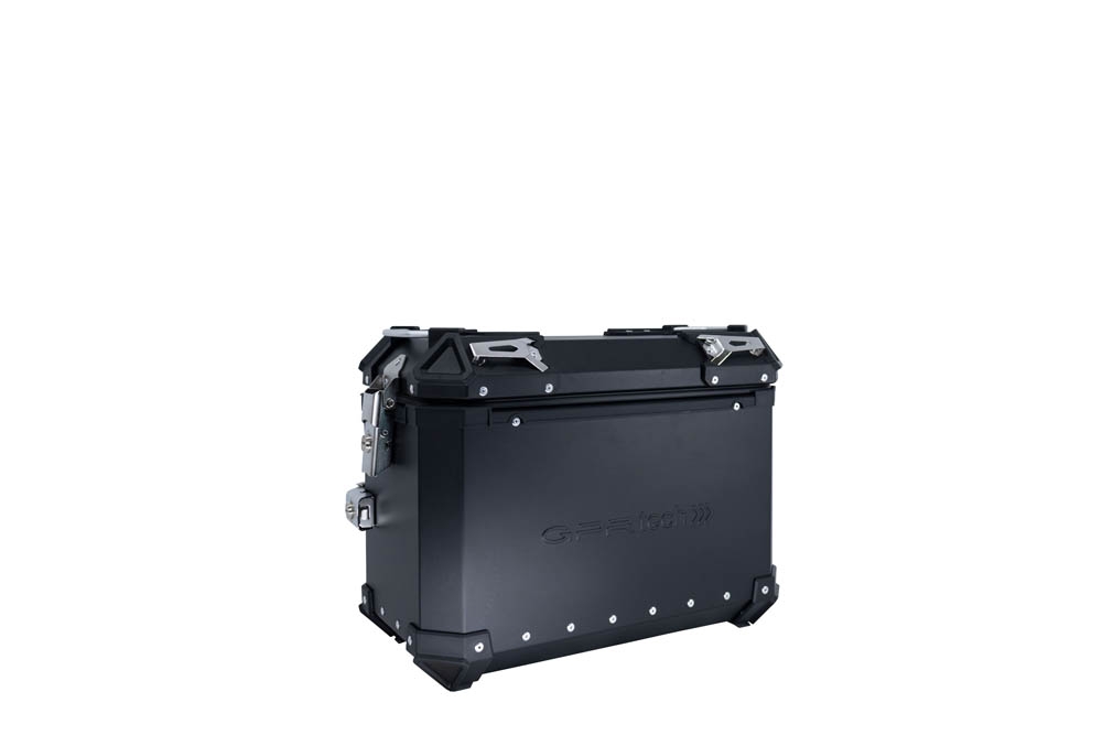 GPR TECH compatible con  Ktm SMT 890 2023/2024 e5 Par de maletas laterales en aluminio con lado derecho contorneado, color negro con portaequipajes específico Capacidad 38 LT. + 32 LT.