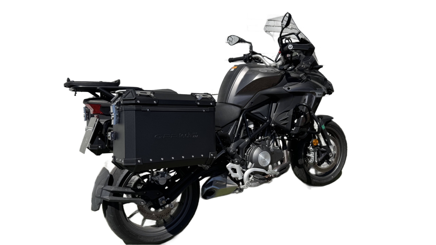 GPR TECH compatible con  Benelli Trk 502 X 2021/2024 e5 Par de maletas laterales en aluminio color negro con portaequipajes específico Capacidad 38 LT. + 38 LT.