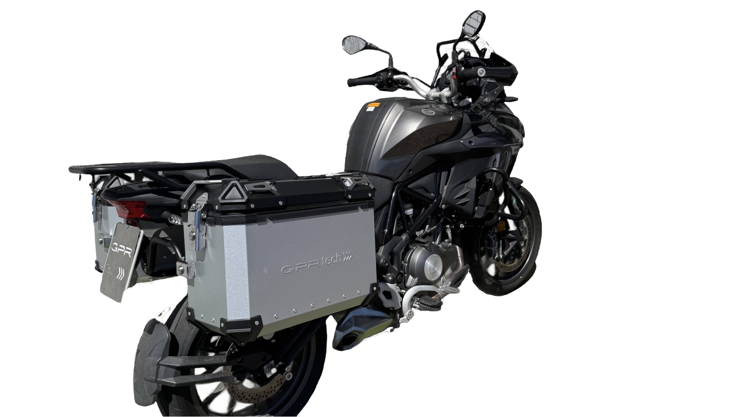 GPR TECH compatible con  Benelli Trk 502 X 2021/2024 e5 Par de maletas laterales en aluminio color plata con portaequipajes específico Capacidad 38 LT. + 38 LT.