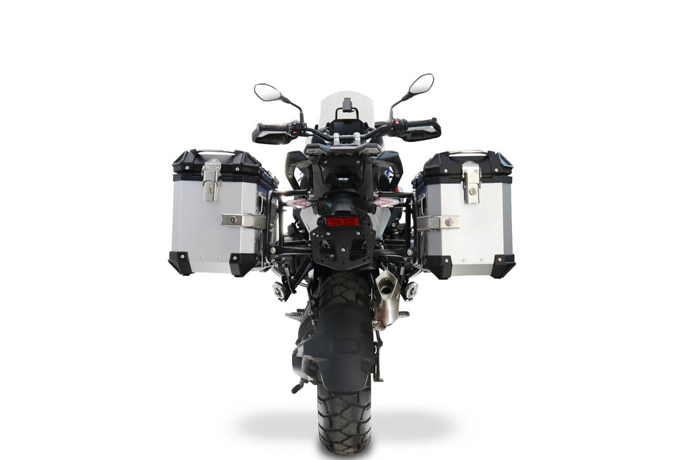 GPR TECH compatible con  Bmw R 1300 GS Adventure 2024/2026 Par de maletas laterales en aluminio color plata con portaequipajes específico Capacidad 38 LT. + 38 LT.