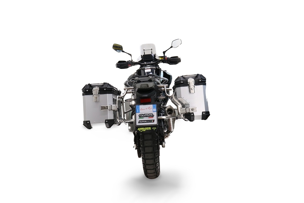 GPR TECH compatible con  Cf Moto 800 Mt Touring 2021/2024 e5 Par de maletas laterales en aluminio con lado derecho contorneado, color plata con portaequipajes específico Capacidad 38 LT. + 32 LT.
