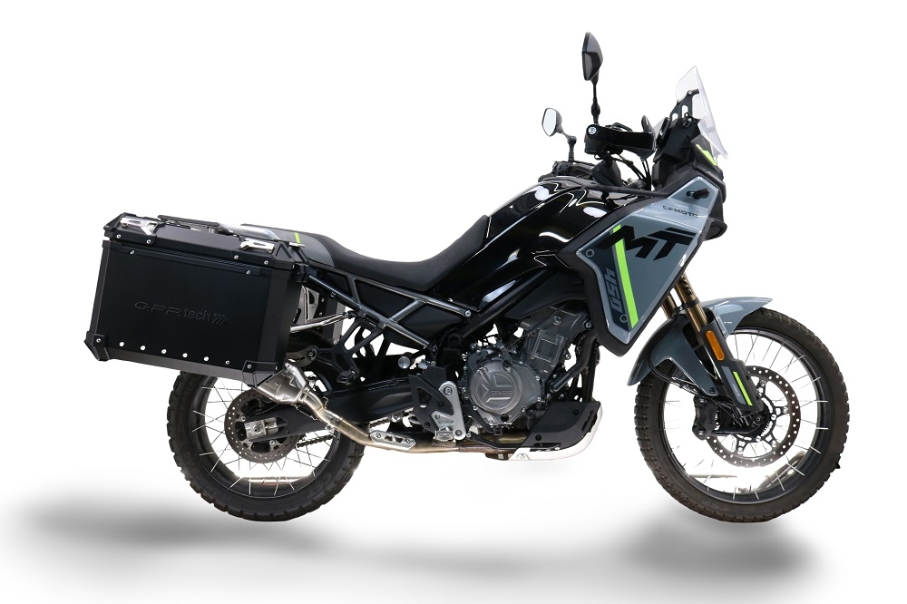 GPR TECH compatible con  Cf Moto 650 Mt 2021/2024 e5 Par de maletas laterales en aluminio color negro con portaequipajes específico Capacidad 38 LT. + 38 LT.