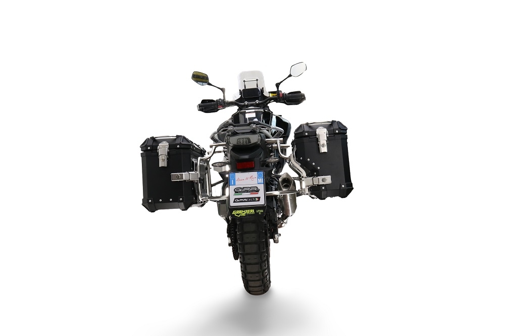 GPR TECH compatible con  Cf Moto 800 Mt Touring 2021/2024 e5 Par de maletas laterales en aluminio con lado derecho contorneado, color negro con portaequipajes específico Capacidad 38 LT. + 32 LT.