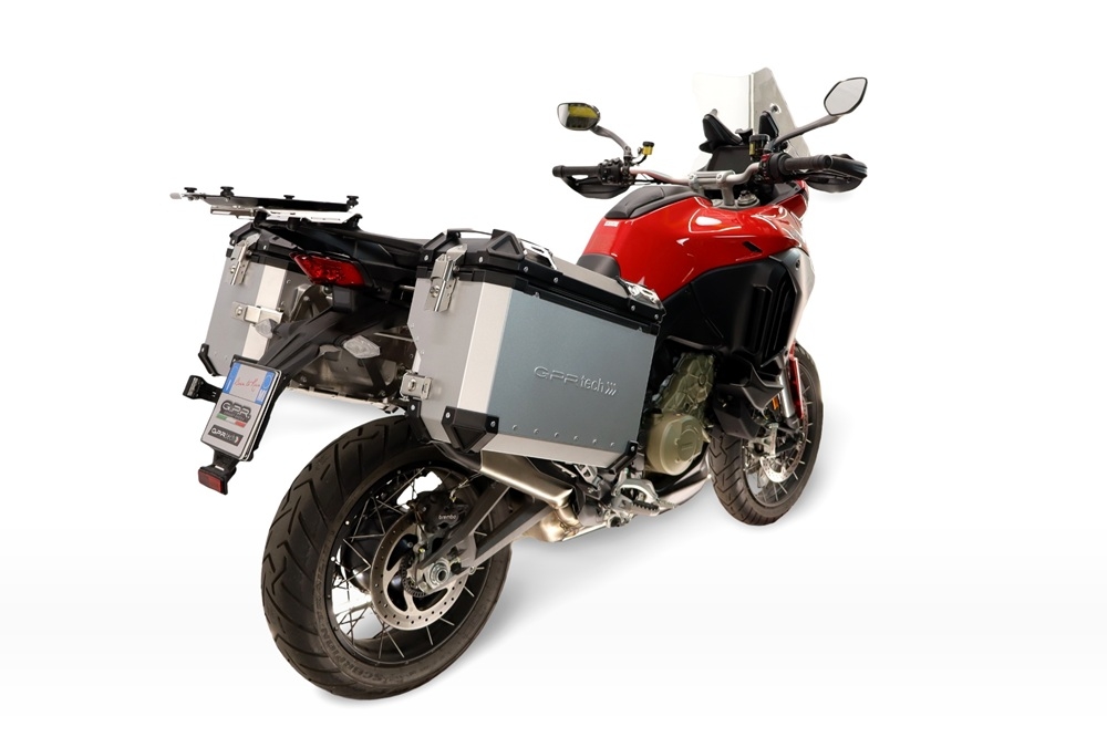 GPR TECH compatible con  Harley Davidson Pan America 1250 2020/2024 Par de maletas laterales en aluminio con lado derecho contorneado, color plata con portaequipajes específico TECH-EVO  Capacidad 38 LT. + 32 LT.