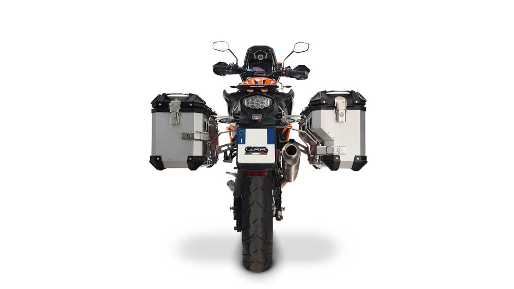 GPR TECH compatible con  Ktm Lc 8 1290 Super Adv 2015/2016 e3 Par de maletas laterales en aluminio con lado derecho contorneado, color plata con portaequipajes específico Capacidad 38 LT. + 32 LT.