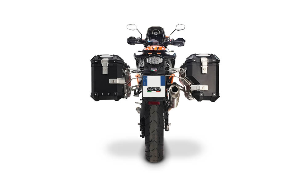 GPR TECH compatible con  Ktm Lc 8 1290 Super Adv 2017/2020 e4 Par de maletas laterales en aluminio con lado derecho contorneado, color negro con portaequipajes específico Capacidad 38 LT. + 32 LT.