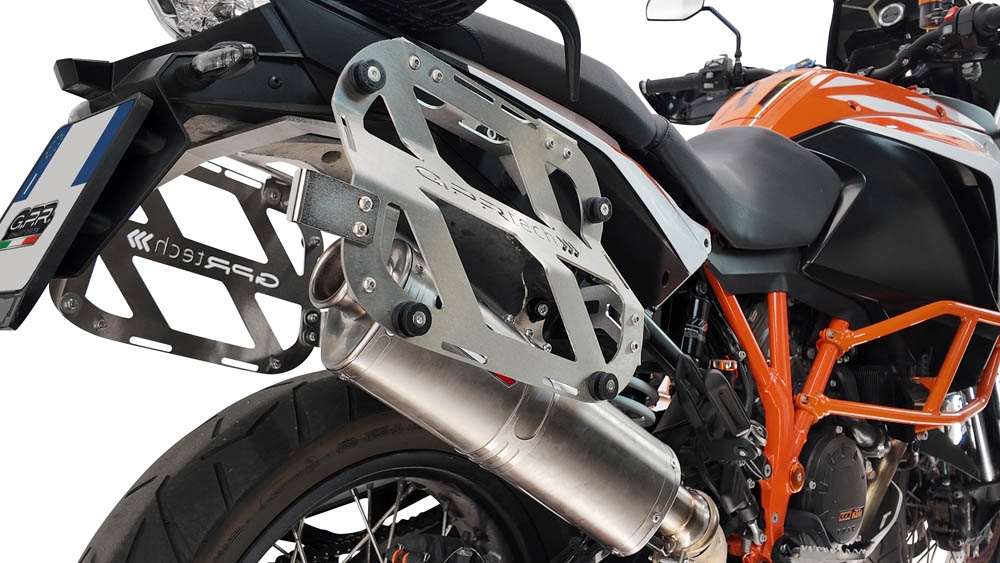 GPR TECH compatible con  Ktm Lc 8 1290 Super Adv 2015/2016 e3 Par de maletas laterales en aluminio con lado derecho contorneado, color plata con portaequipajes específico Capacidad 38 LT. + 32 LT.