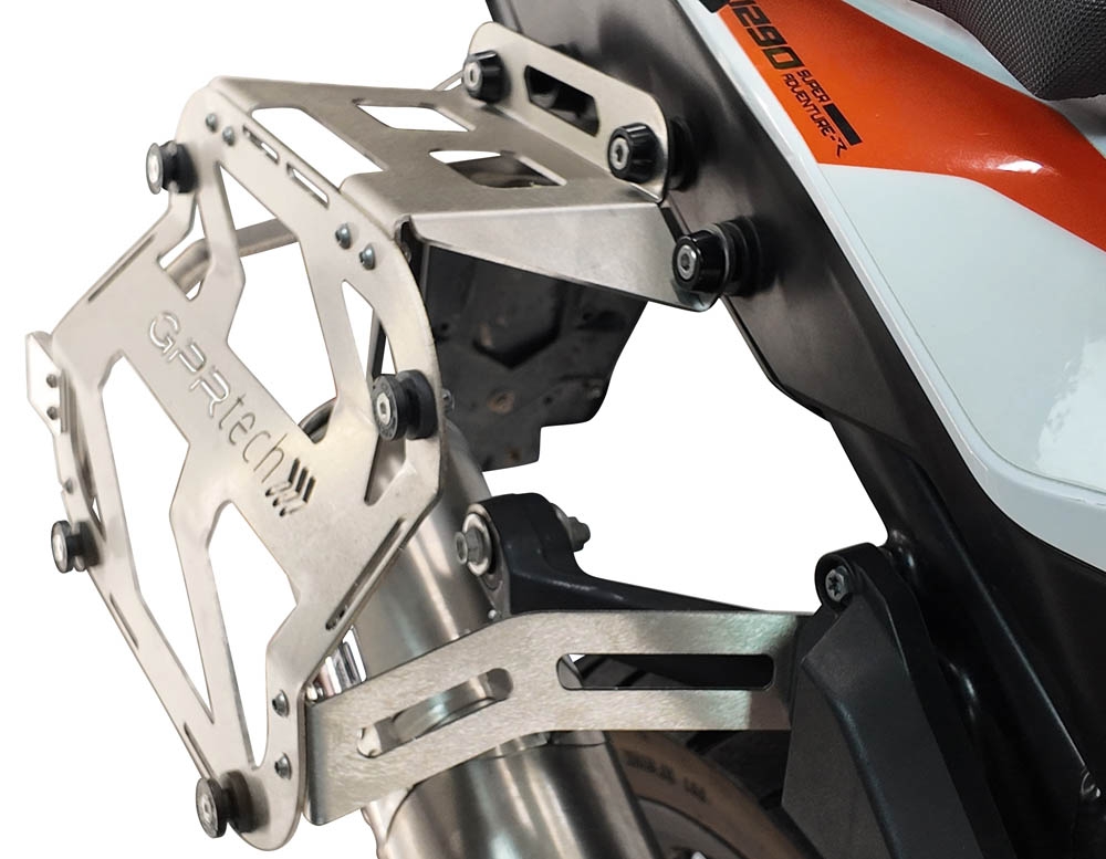 GPR TECH compatible con  Ktm Lc 8 1290 Super Adv 2015/2016 e3 Par de maletas laterales en aluminio con lado derecho contorneado, color plata con portaequipajes específico Capacidad 38 LT. + 32 LT.
