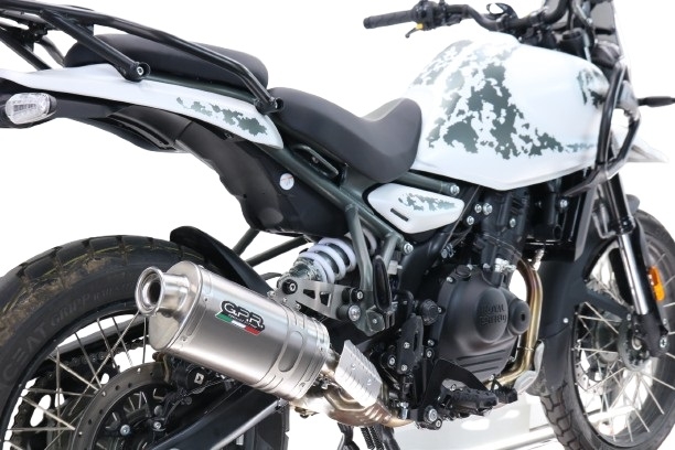 Escape compatible con Royal Enfield Guerrilla 450 2024-2025, Dune Triovale Titanio, Escape legal, homologado, silenciador con db killer desmontable y tubo de conexión específico 