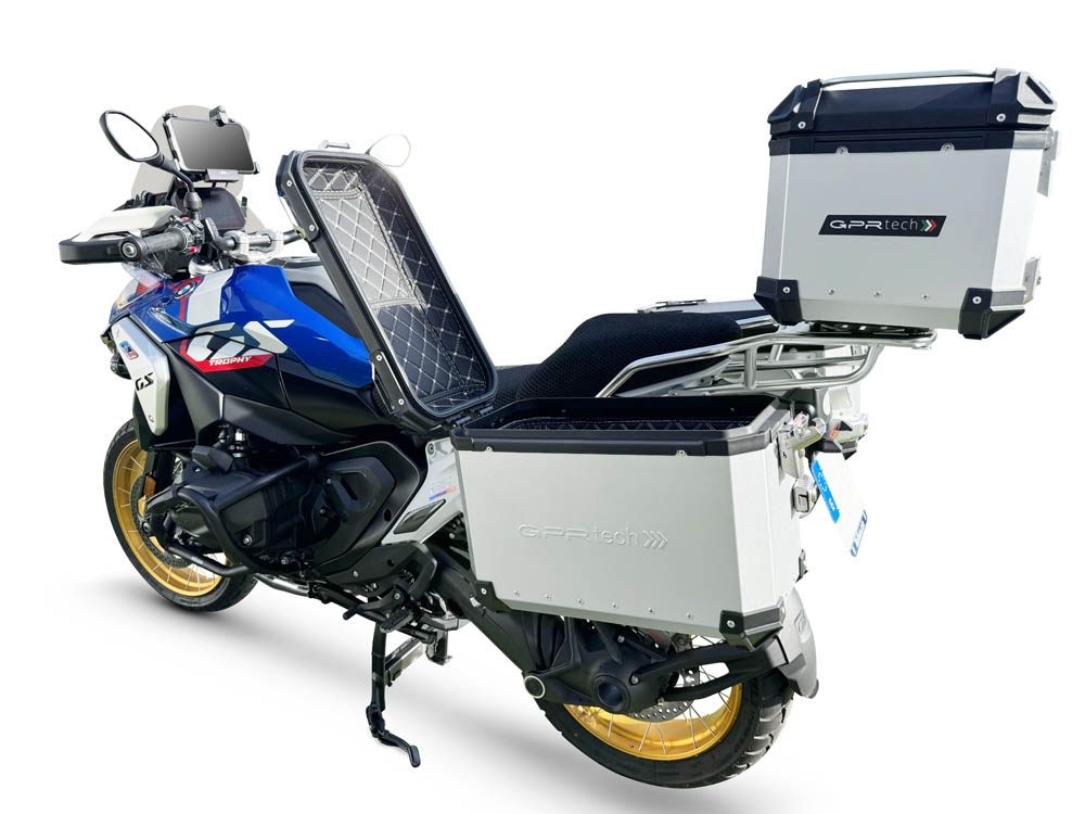 GPR TECH compatible con  BMW R 1300 GS 2023/2025 Kit tríptico fabricado en color plata, con Top case 45 Lt + Side Cases 38 Lt + 38 Lt + portaequipaje general color negro Capacidad Top case 45 Litros + capacidad maletas laterales 38 Litros + 38 Litros