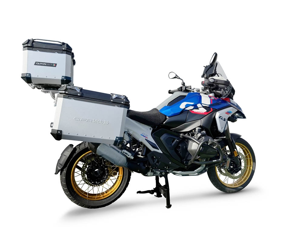 GPR TECH compatible con  BMW R 1300 GS 2023/2025 Kit tríptico fabricado en color plata, con Top case 45 Lt + Side Cases 38 Lt + 38 Lt + portaequipaje general color negro Capacidad Top case 45 Litros + capacidad maletas laterales 38 Litros + 38 Litros