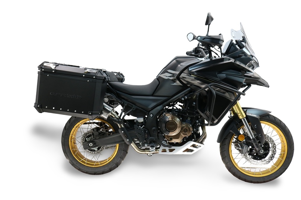 GPR TECH compatible con  Voge 625DSX 2024/2026 e5 Par de maletas laterales en aluminio con lado derecho contorneado, color negro con portaequipajes específico Capacidad 38 LT. + 32 LT.