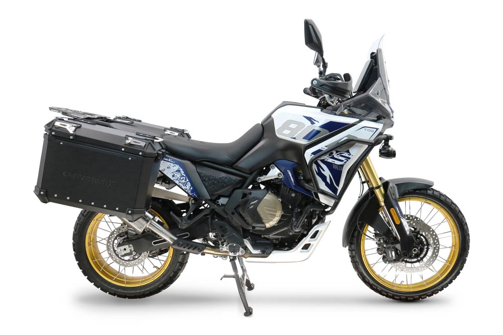 GPR TECH compatible con  Voge DS 800 Rally 2025/2026 Par de maletas laterales en aluminio con lado derecho contorneado, color negro con portaequipajes específico TECH-EVO  Capacidad 38 LT. + 32 LT.