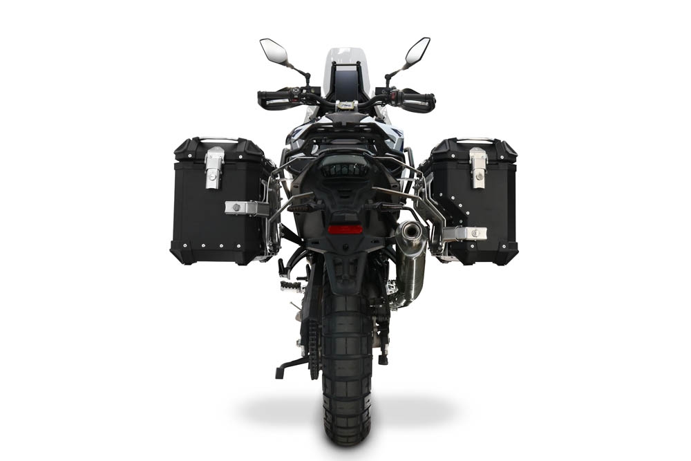 GPR TECH compatible con  Voge DS 800 Rally 2025/2026 Par de maletas laterales en aluminio con lado derecho contorneado, color negro con portaequipajes específico TECH-EVO  Capacidad 38 LT. + 32 LT.