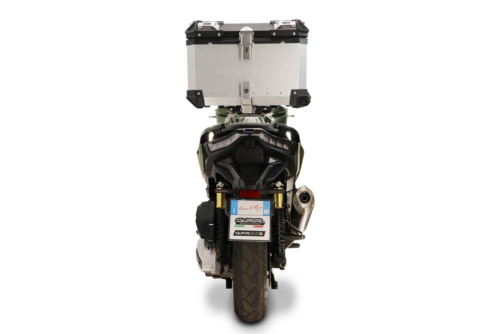 Baúl GPR TECH compatible con  Voge SR 450 X 2026/2027 e5 plus Baúl Alpi-Tech en aluminio color plata, incluye portaequipajes específico de aluminio y placa especifica de acero. Capacidad Litros 35