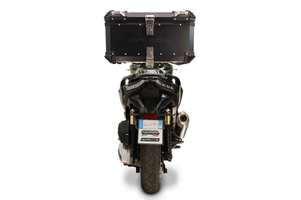 Baúl GPR TECH compatible con  Voge SR 450 X 2026/2027 e5 plus Baúl Alpi-Tech en aluminio color plata, incluye portaequipajes específico de aluminio y placa especifica de acero. Capacidad Litros 45
